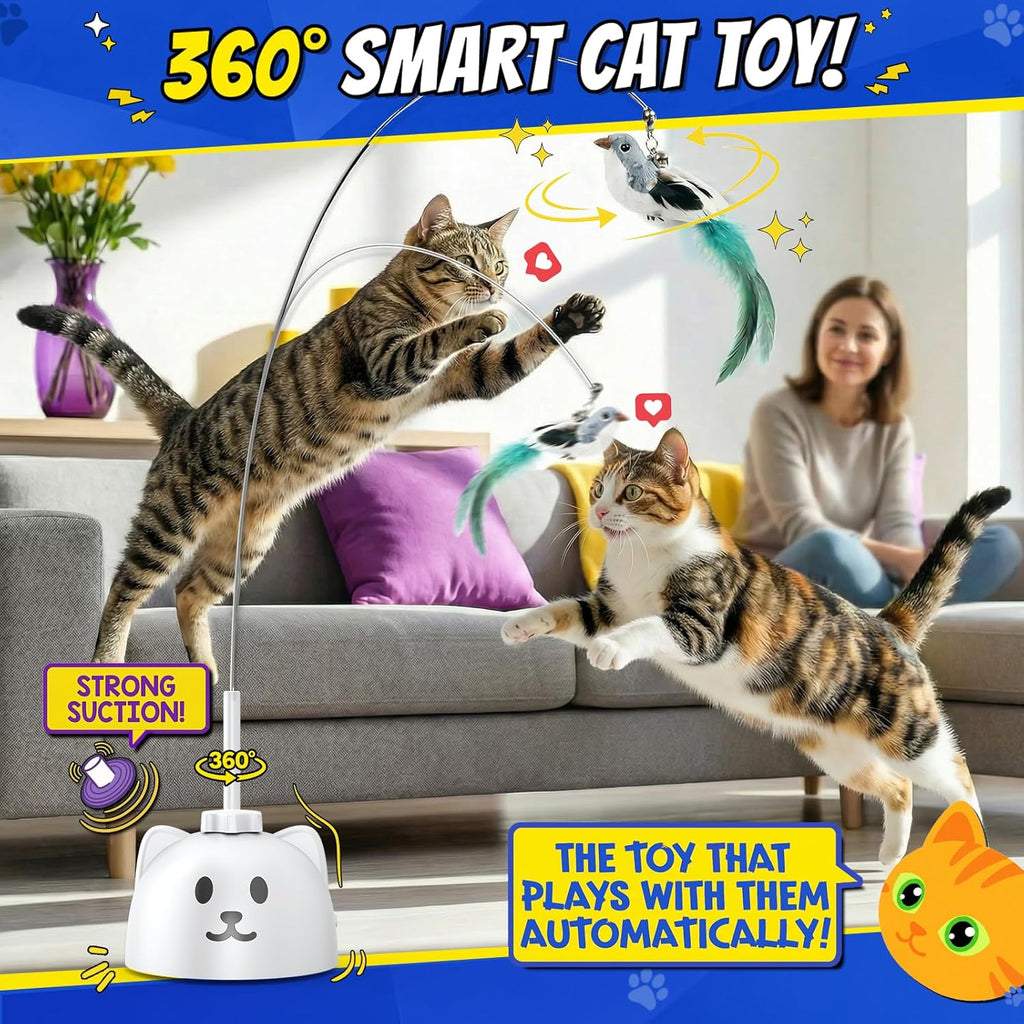 Interactive Automatic Flying Bird Cat Toy for Indoor Cats, Rechargeable Motion-Activated Cat Wand with 360° Spinning Feather, Strong Suction Cup Base & Smart Self-Play Design