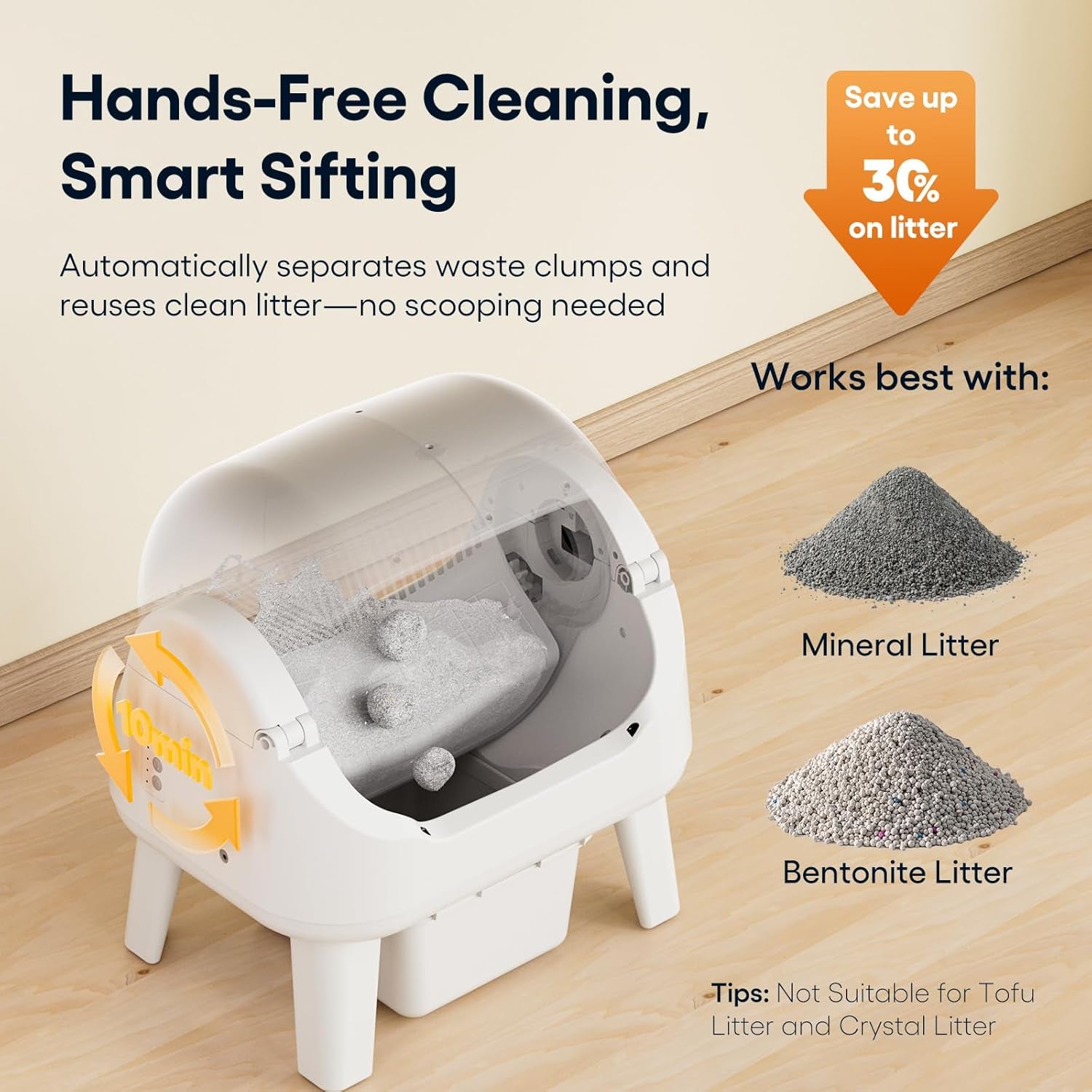 Open-Top Self-Cleaning Cat Litter Box with 7 Pairs of Safety Sensors, Anti-Pinch Protection, Easy Access Step for Senior Cats, Automatic Cat Litter Box, White & Grey