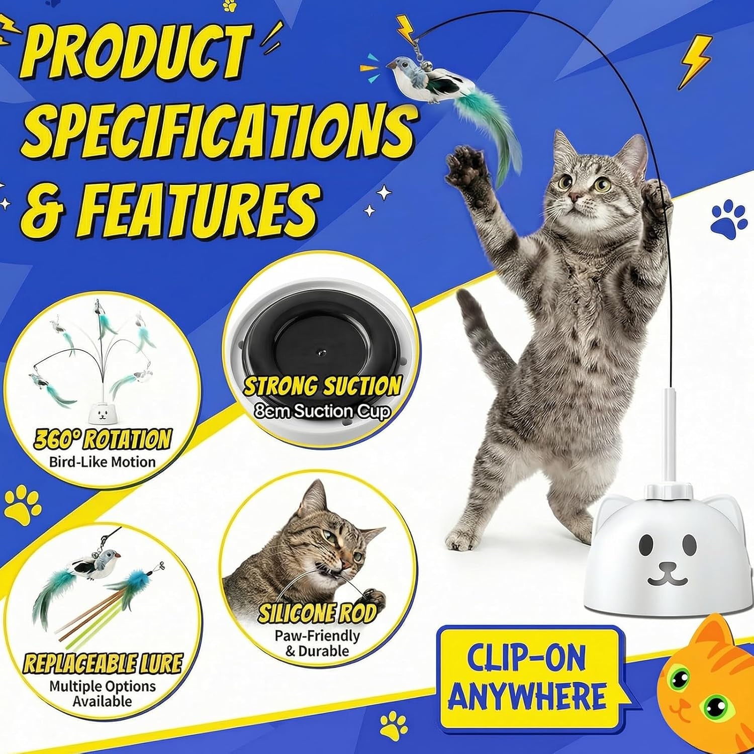 Interactive Automatic Flying Bird Cat Toy for Indoor Cats, Rechargeable Motion-Activated Cat Wand with 360° Spinning Feather, Strong Suction Cup Base & Smart Self-Play Design