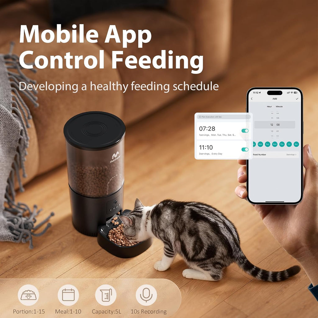 5L Smart Automatic Cat Feeder with AI Camera, Pet Recognition, Night Vision, 2.4GHz & 5GHz WiFi App Control, Two-Way Audio, Timed Feeding, Desiccant System for Small Pets