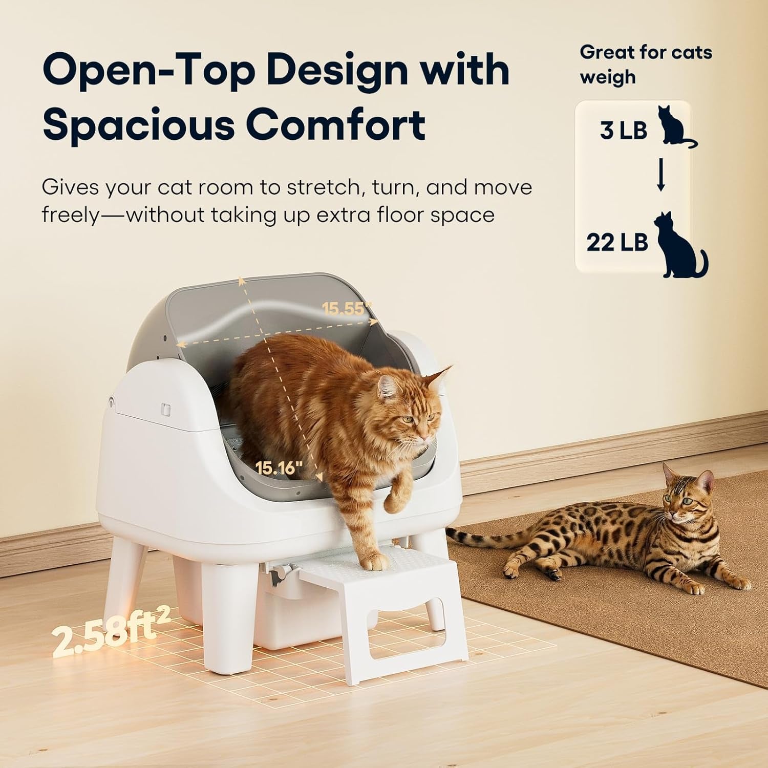 Open-Top Self-Cleaning Cat Litter Box with 7 Pairs of Safety Sensors, Anti-Pinch Protection, Easy Access Step for Senior Cats, Automatic Cat Litter Box, White & Grey