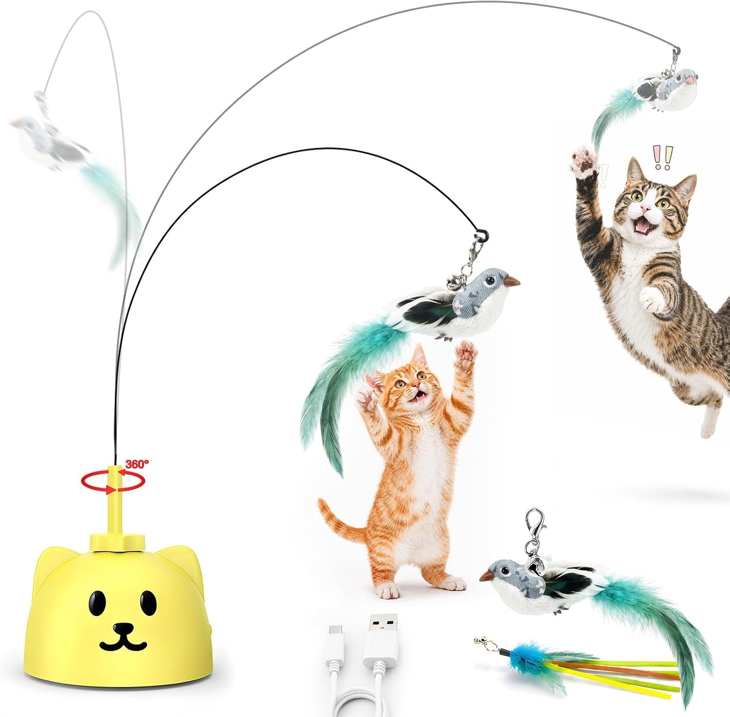 Interactive Automatic Flying Bird Cat Toy for Indoor Cats, Rechargeable Motion-Activated Cat Wand with 360° Spinning Feather, Strong Suction Cup Base & Smart Self-Play Design