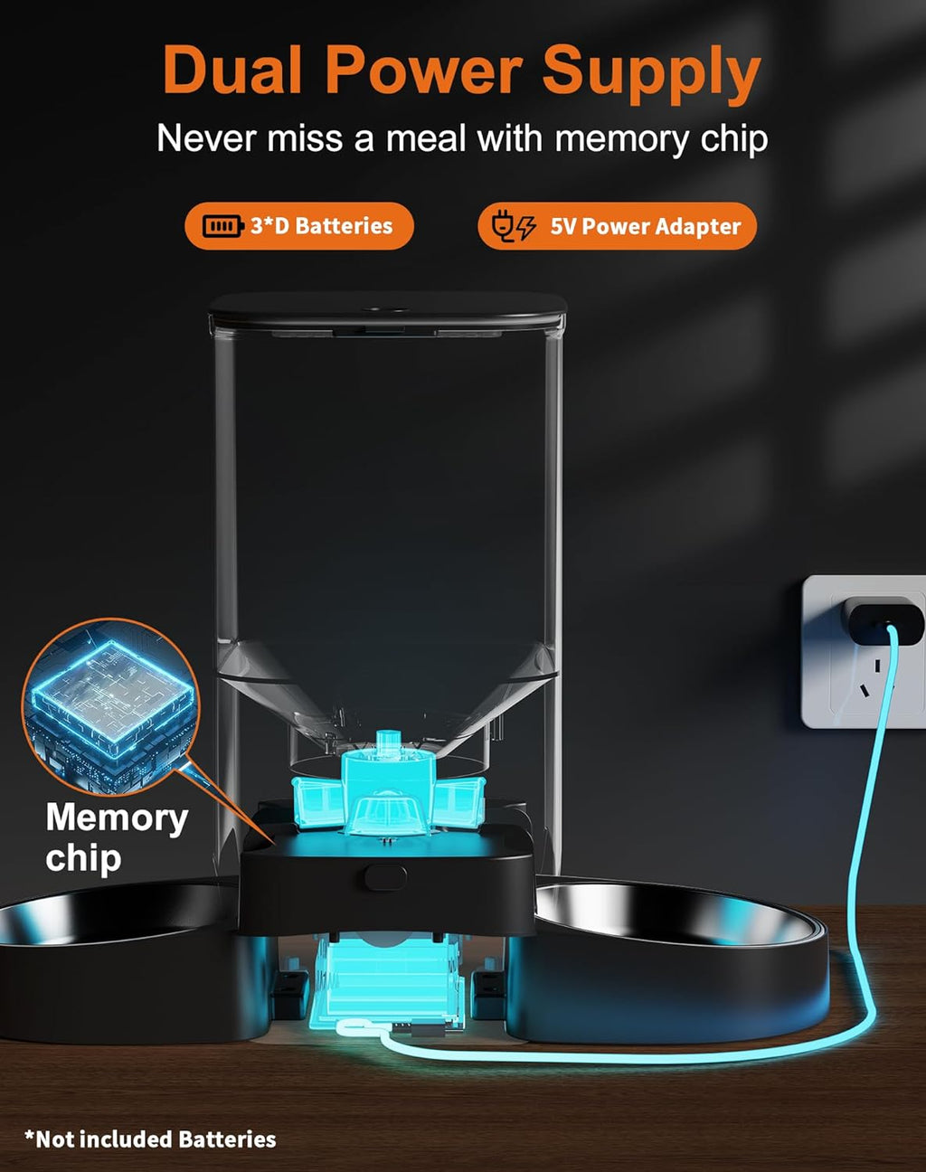 Automatic WiFi Cat Feeder for Two Cats, 5L Smart Food Dispenser with App Control, Dual Stainless Steel Bowls, 2.4GHz & 5GHz WiFi, Dual Power Supply, 10-Second Voice Recording & Desiccant for Fresh Fooی