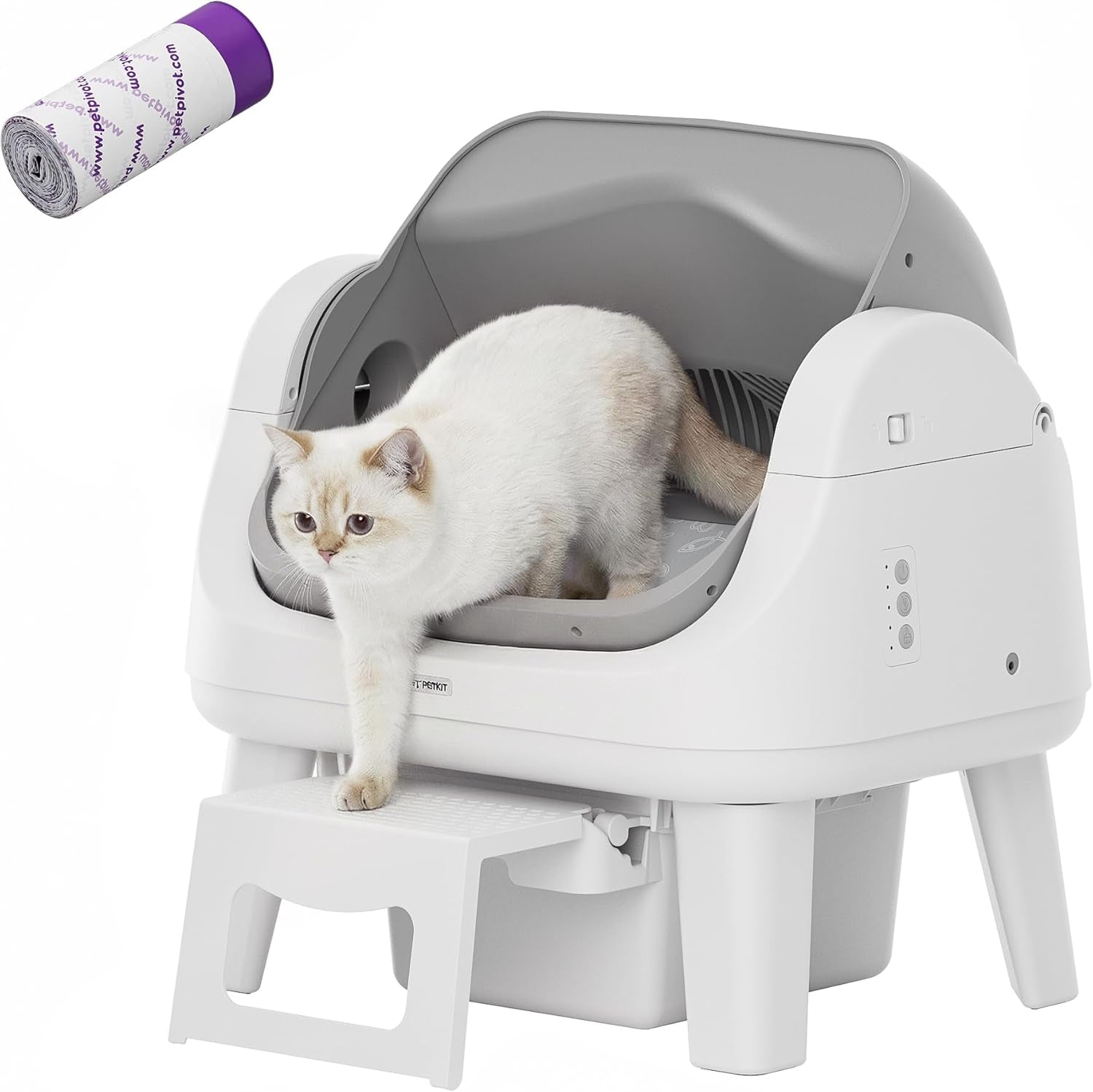 Open-Top Self-Cleaning Cat Litter Box with 7 Pairs of Safety Sensors, Anti-Pinch Protection, Easy Access Step for Senior Cats, Automatic Cat Litter Box, White & Grey