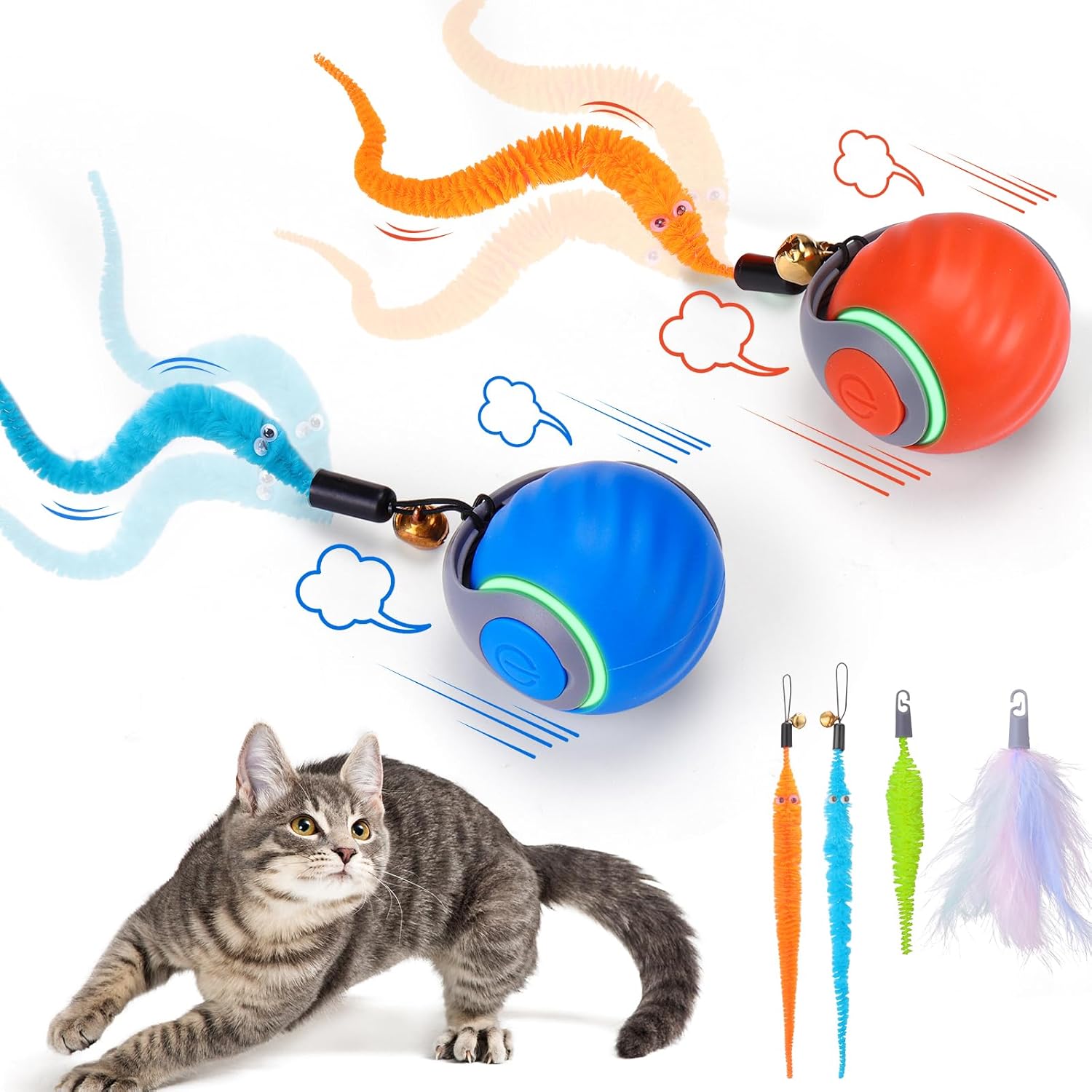 Interactive Automatic Cat Toy Ball with 3 Feather Tails, Rechargeable Motion-Activated Cat Toy for Indoor Cats, 2 Play Modes, 2 Speed Settings & Silicone Shell