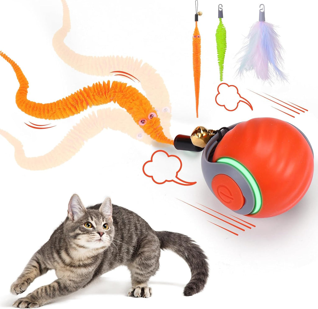 Interactive Automatic Cat Toy Ball with 3 Feather Tails, Rechargeable Motion-Activated Cat Toy for Indoor Cats, 2 Play Modes, 2 Speed Settings & Silicone Shell