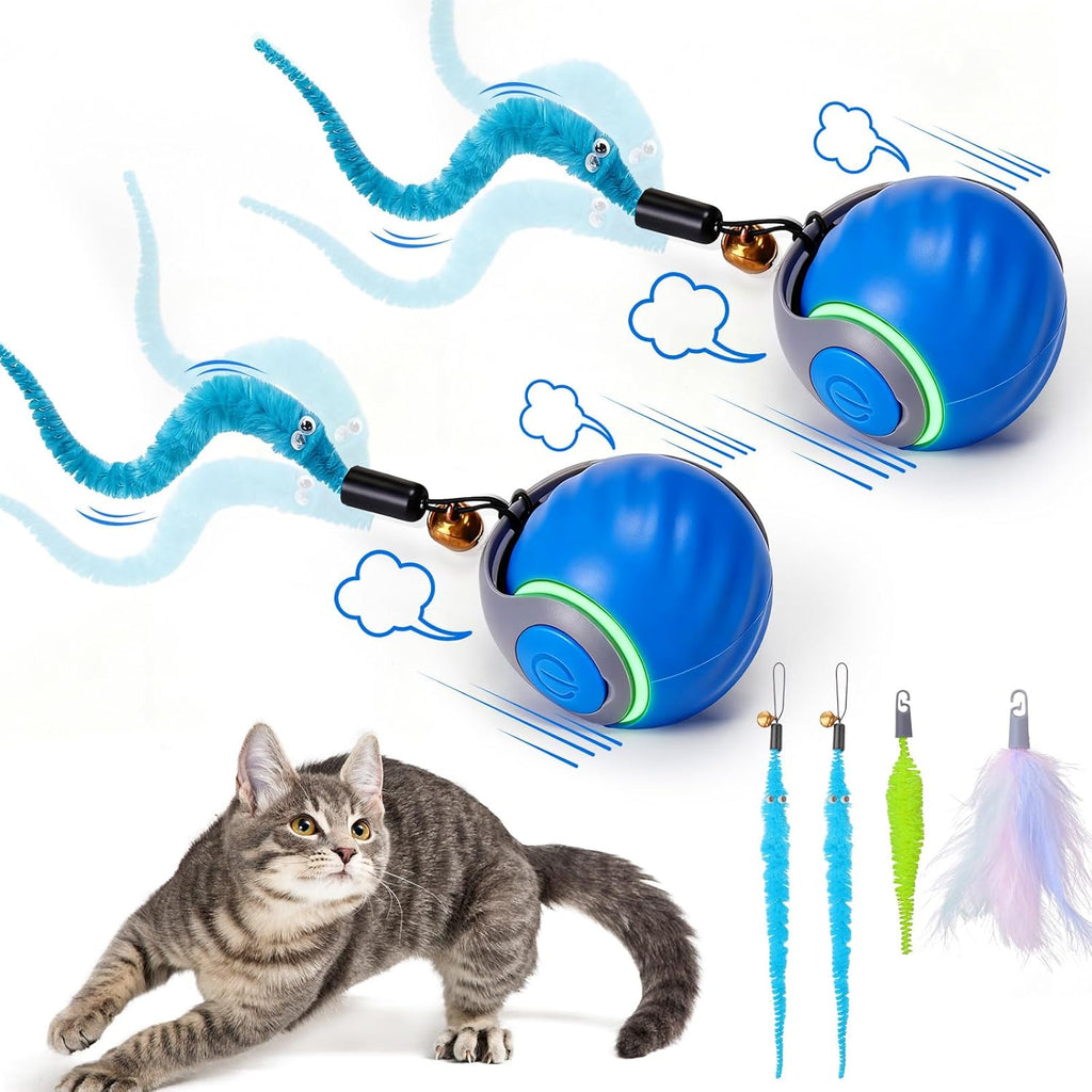 Interactive Automatic Cat Toy Ball with 3 Feather Tails, Rechargeable Motion-Activated Cat Toy for Indoor Cats, 2 Play Modes, 2 Speed Settings & Silicone Shell