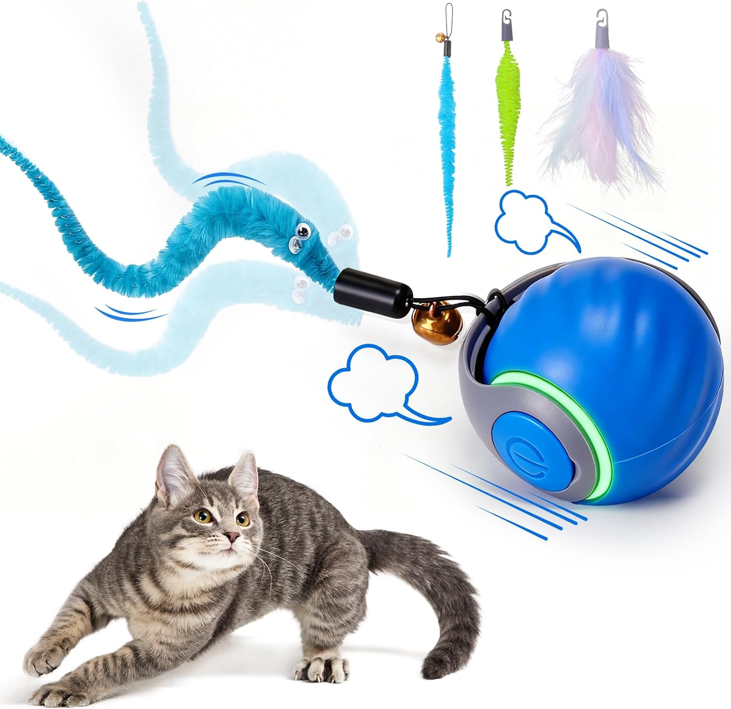 Interactive Automatic Cat Toy Ball with 3 Feather Tails, Rechargeable Motion-Activated Cat Toy for Indoor Cats, 2 Play Modes, 2 Speed Settings & Silicone Shell