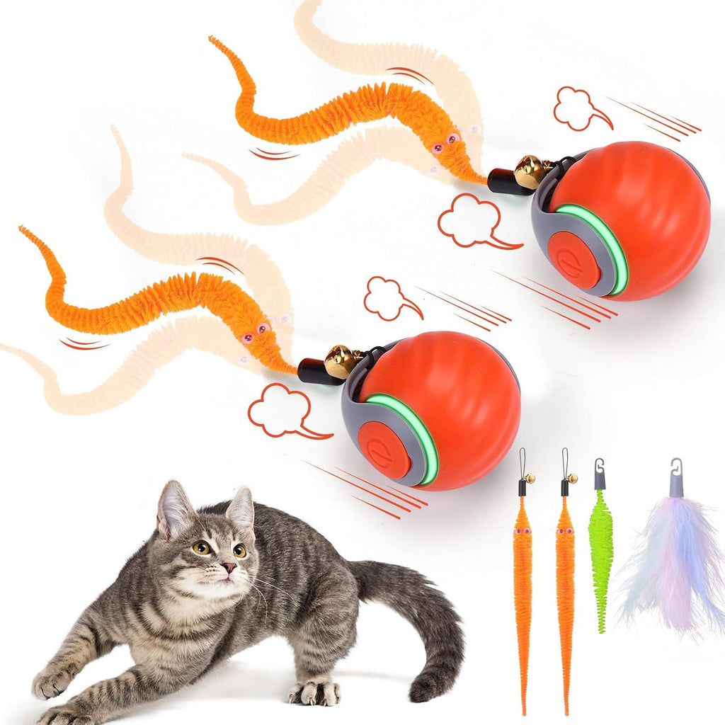 Interactive Automatic Cat Toy Ball with 3 Feather Tails, Rechargeable Motion-Activated Cat Toy for Indoor Cats, 2 Play Modes, 2 Speed Settings & Silicone Shell
