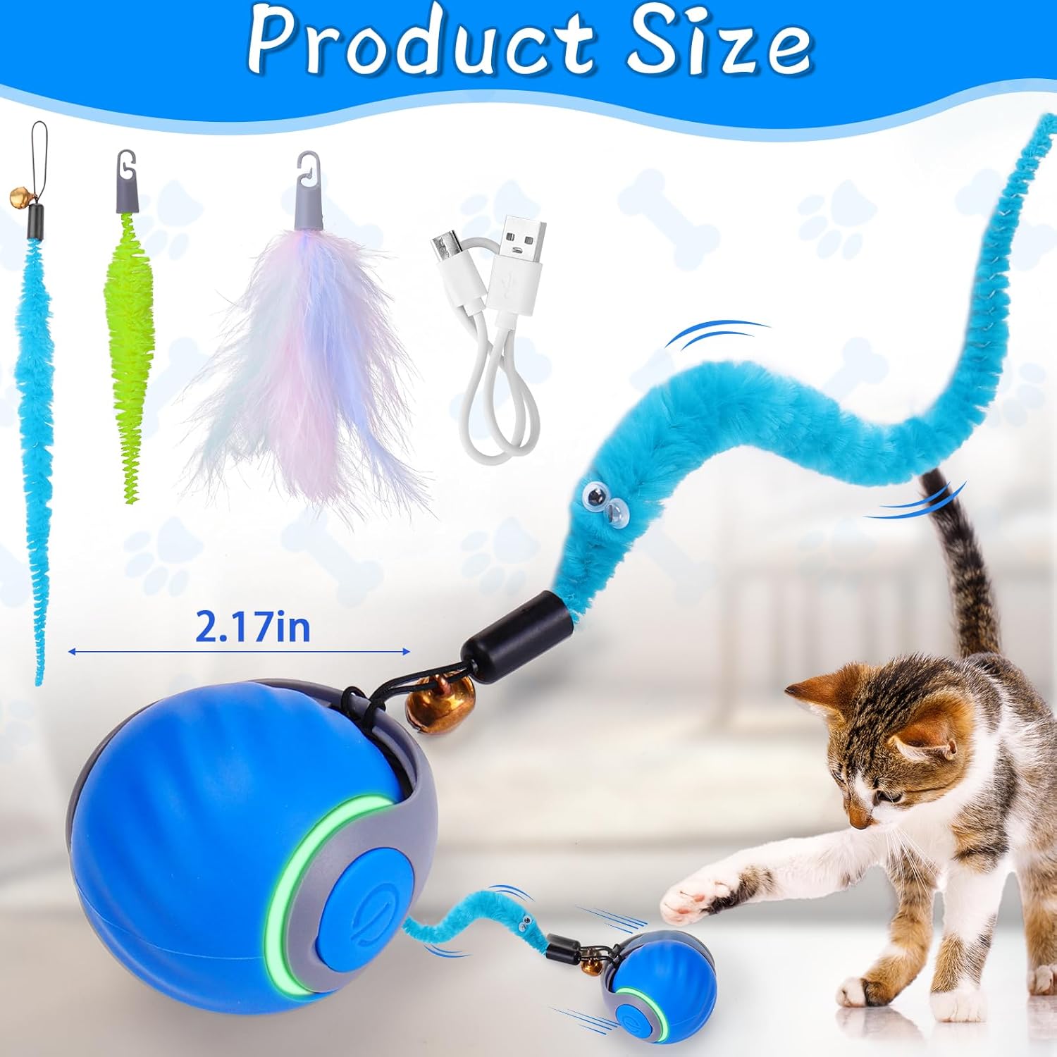 Interactive Automatic Cat Toy Ball with 3 Feather Tails, Rechargeable Motion-Activated Cat Toy for Indoor Cats, 2 Play Modes, 2 Speed Settings & Silicone Shell