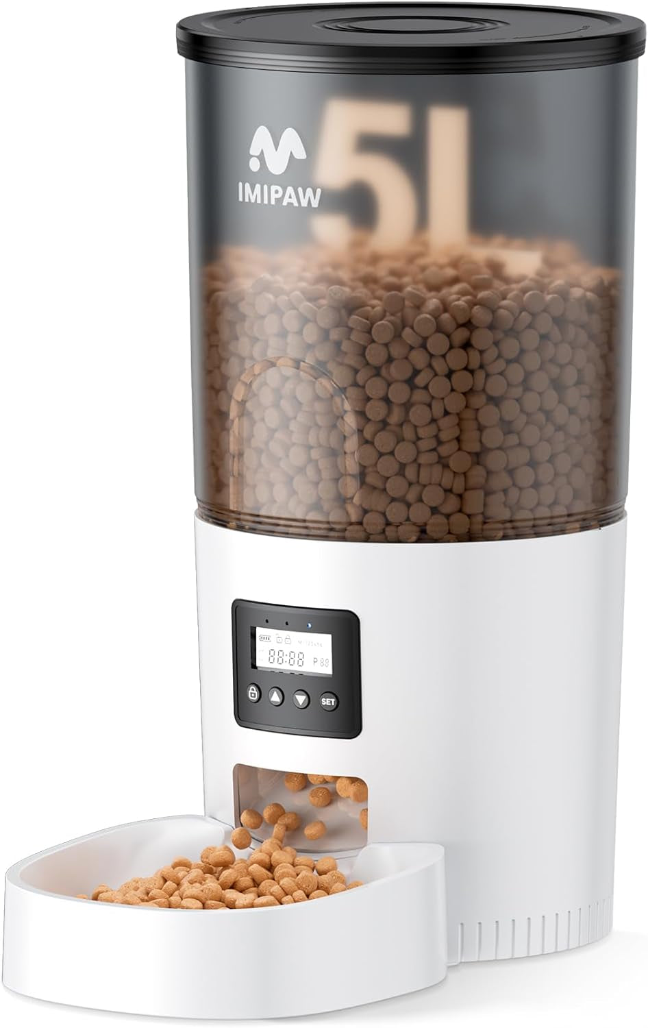 Automatic Cat Feeder for Cats & Small Dogs, Programmable Dry Food Dispenser with Adjustable Portions, Up to 6 Meals Daily, 20 Portion Settings, Dual Power Supply & Freshness Desiccant System, White