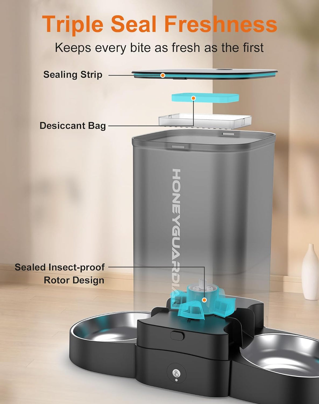 Automatic WiFi Cat Feeder for Two Cats, 5L Smart Food Dispenser with App Control, Dual Stainless Steel Bowls, 2.4GHz & 5GHz WiFi, Dual Power Supply, 10-Second Voice Recording & Desiccant for Fresh Fooی
