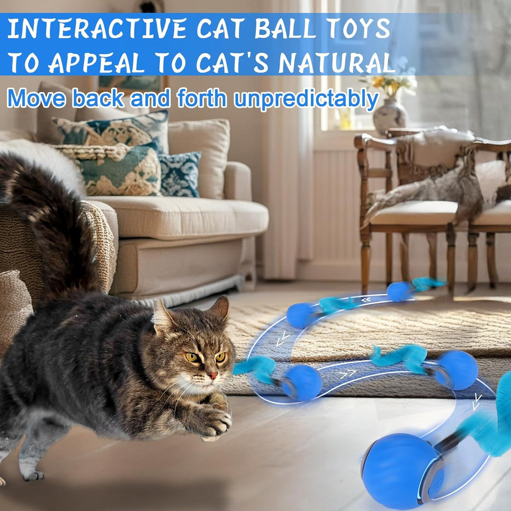 Interactive Automatic Cat Toy Ball with 3 Feather Tails, Rechargeable Motion-Activated Cat Toy for Indoor Cats, 2 Play Modes, 2 Speed Settings & Silicone Shell