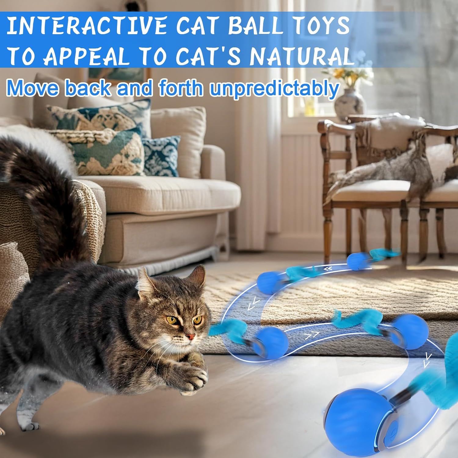 Interactive Automatic Cat Toy Ball with 3 Feather Tails, Rechargeable Motion-Activated Cat Toy for Indoor Cats, 2 Play Modes, 2 Speed Settings & Silicone Shell