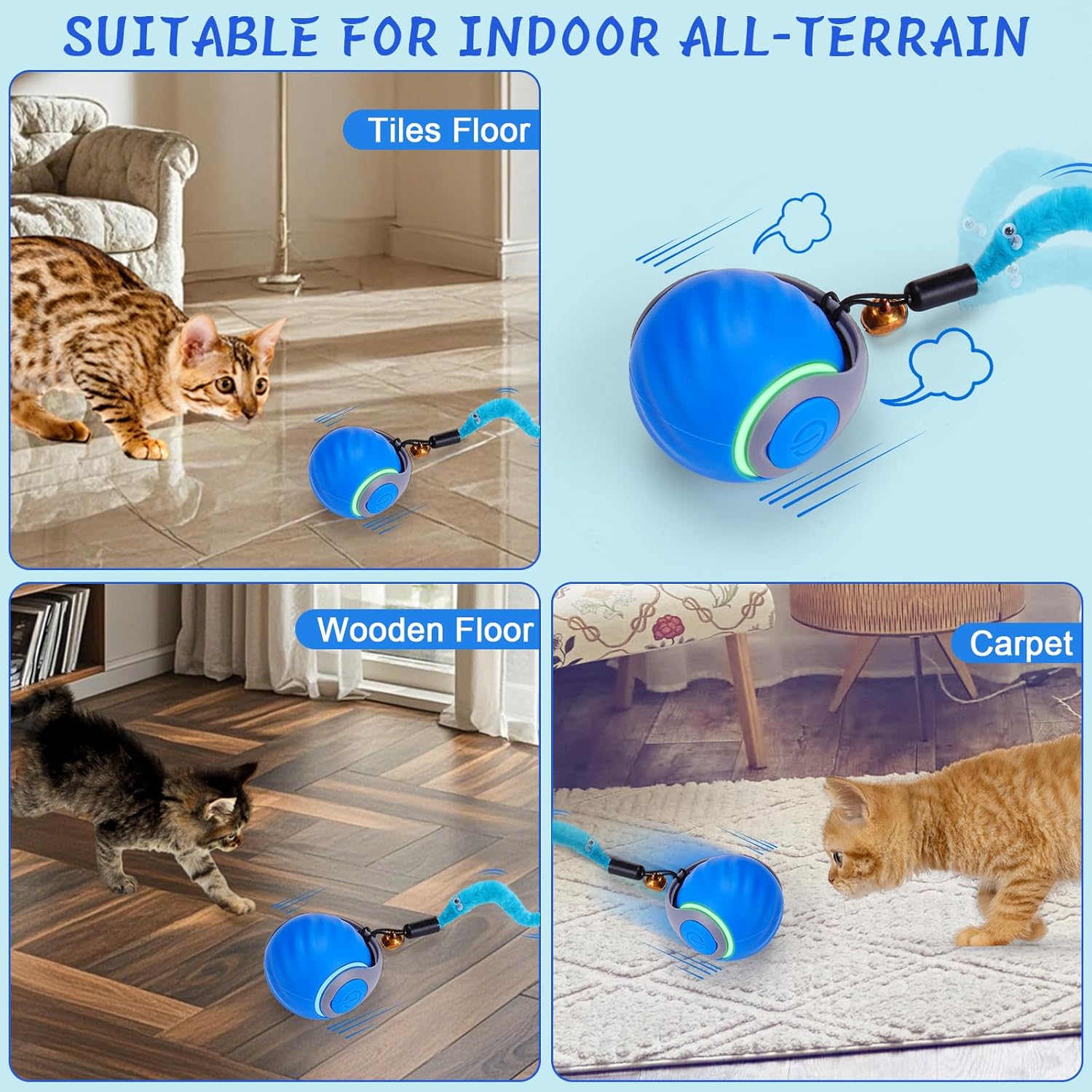 Interactive Automatic Cat Toy Ball with 3 Feather Tails, Rechargeable Motion-Activated Cat Toy for Indoor Cats, 2 Play Modes, 2 Speed Settings & Silicone Shell