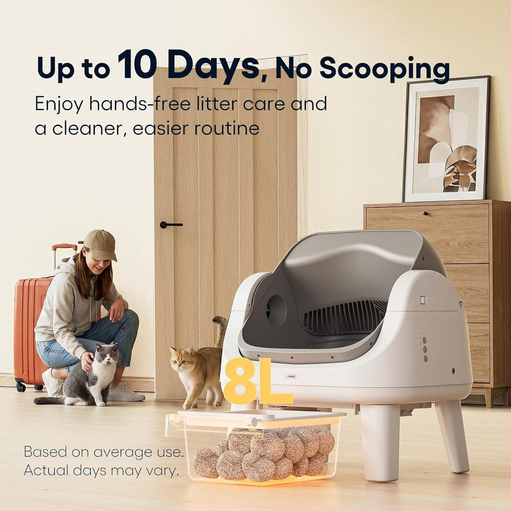Open-Top Self-Cleaning Cat Litter Box with 7 Pairs of Safety Sensors, Anti-Pinch Protection, Easy Access Step for Senior Cats, Automatic Cat Litter Box, White & Grey