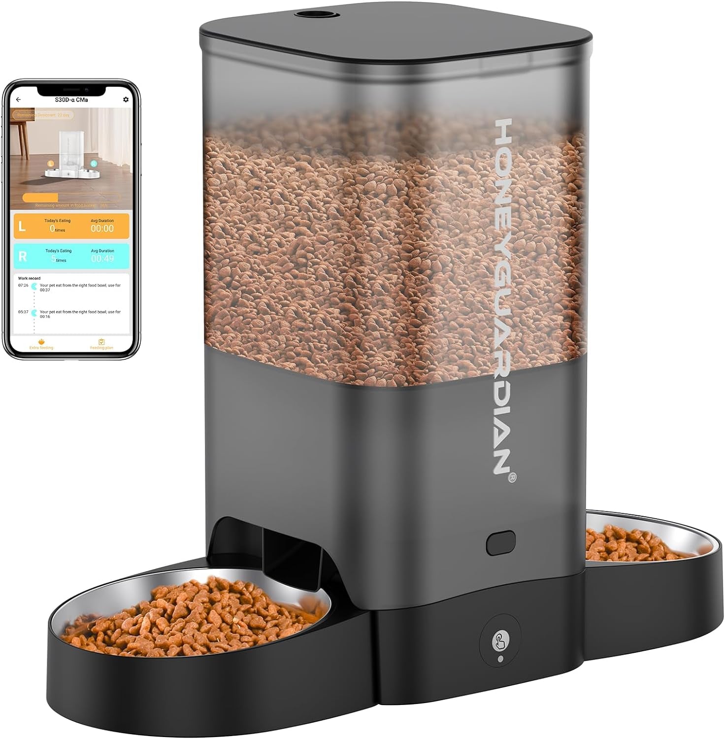 Automatic WiFi Cat Feeder for Two Cats, 5L Smart Food Dispenser with App Control, Dual Stainless Steel Bowls, 2.4GHz & 5GHz WiFi, Dual Power Supply, 10-Second Voice Recording & Desiccant for Fresh Fooی