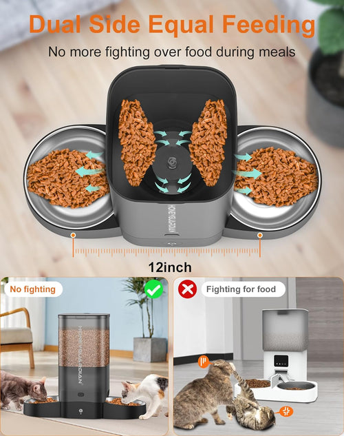 Automatic WiFi Cat Feeder for Two Cats, 5L Smart Food Dispenser with App Control, Dual Stainless Steel Bowls, 2.4GHz & 5GHz WiFi, Dual Power Supply, 10-Second Voice Recording & Desiccant for Fresh Fooی