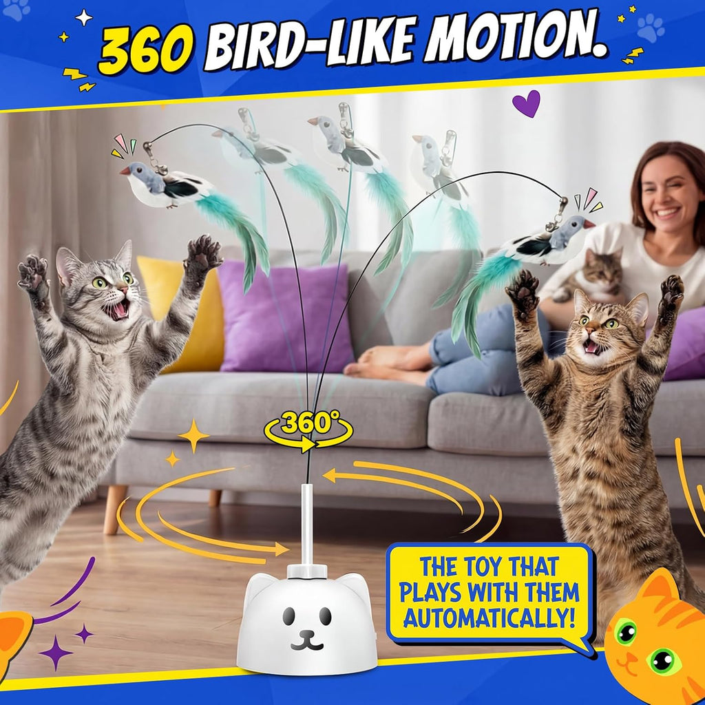 Interactive Automatic Flying Bird Cat Toy for Indoor Cats, Rechargeable Motion-Activated Cat Wand with 360° Spinning Feather, Strong Suction Cup Base & Smart Self-Play Design