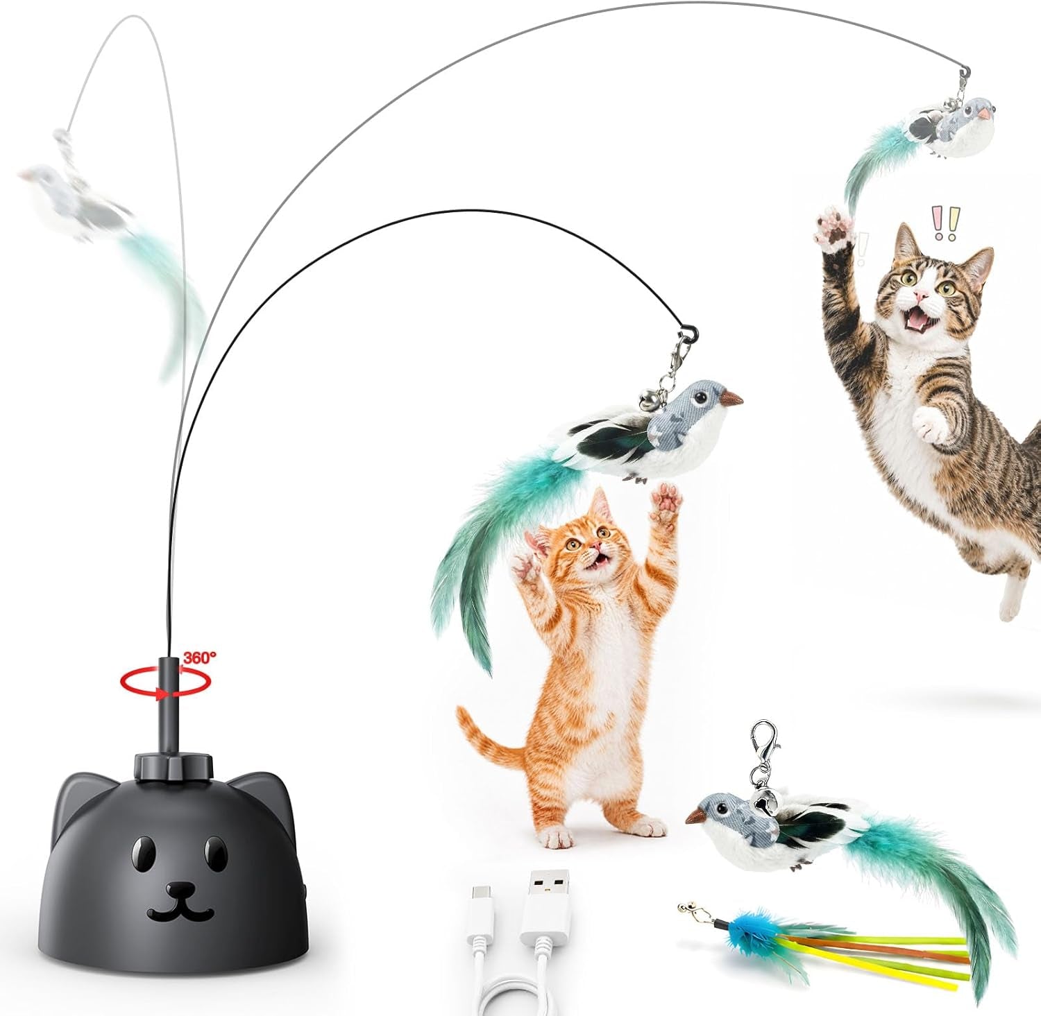 Interactive Automatic Flying Bird Cat Toy for Indoor Cats, Rechargeable Motion-Activated Cat Wand with 360° Spinning Feather, Strong Suction Cup Base & Smart Self-Play Design