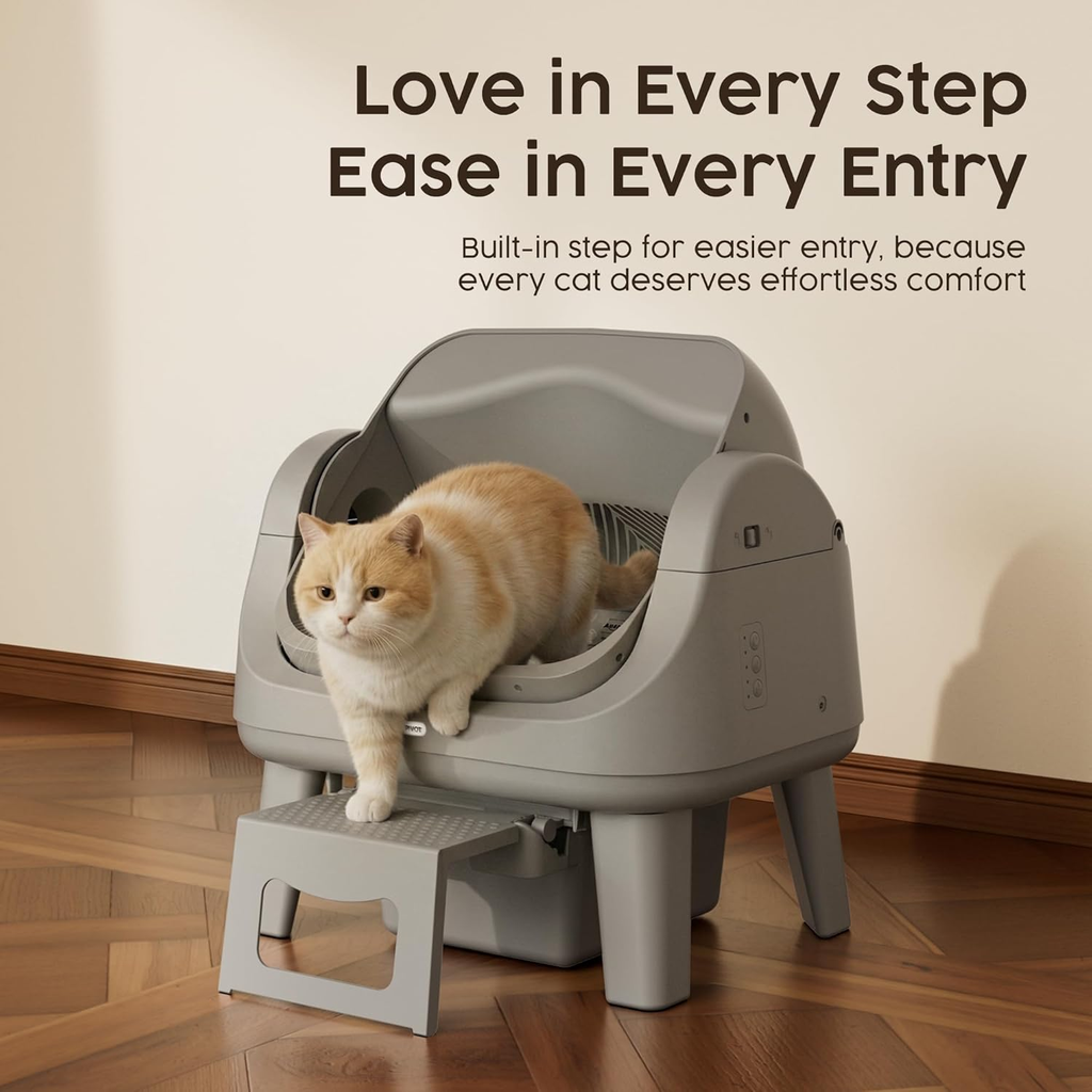 Open-Top Self-Cleaning Cat Litter Box with 7 Pairs of Safety Sensors, Anti-Pinch Protection, Easy Access Step for Senior Cats, Automatic Cat Litter Box, Dark Grey