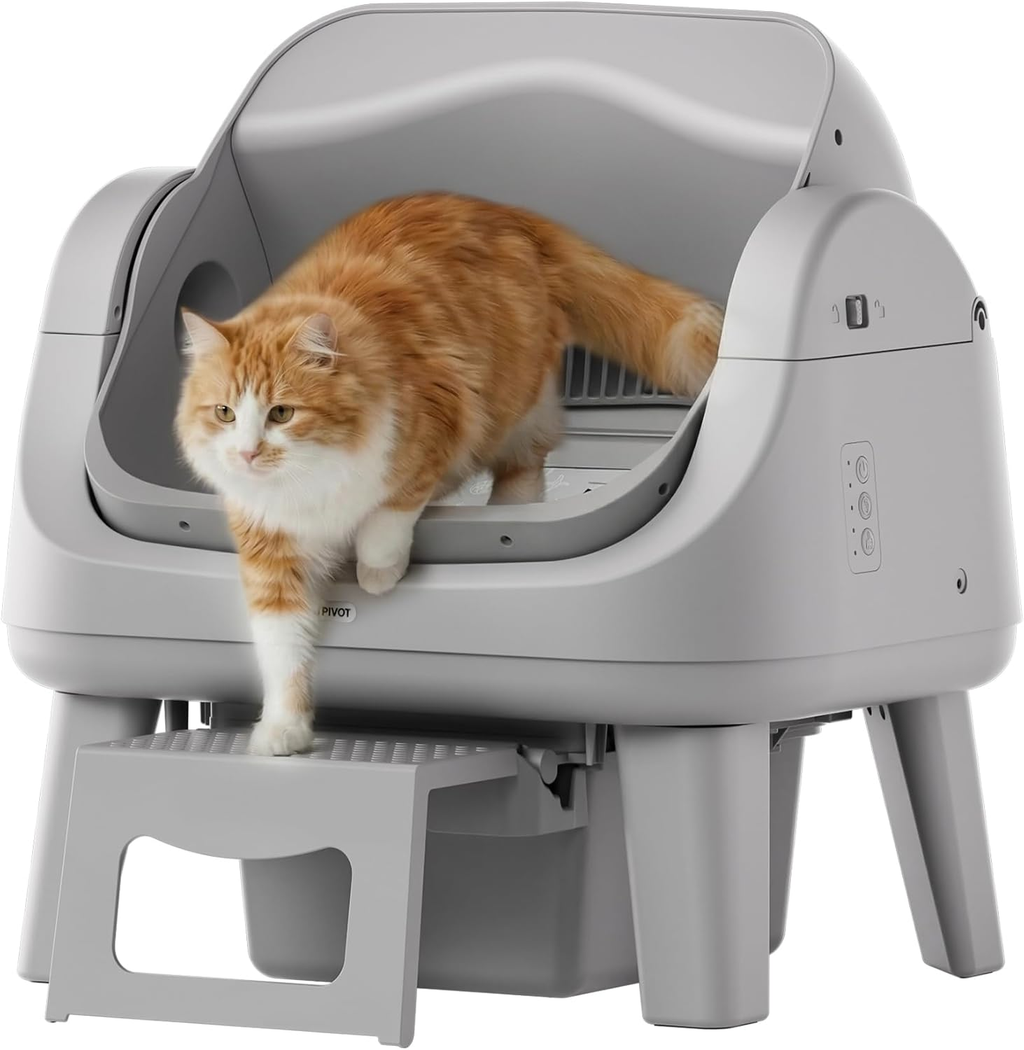 Open-Top Self-Cleaning Cat Litter Box with 7 Pairs of Safety Sensors, Anti-Pinch Protection, Easy Access Step for Senior Cats, Automatic Cat Litter Box, Dark Grey