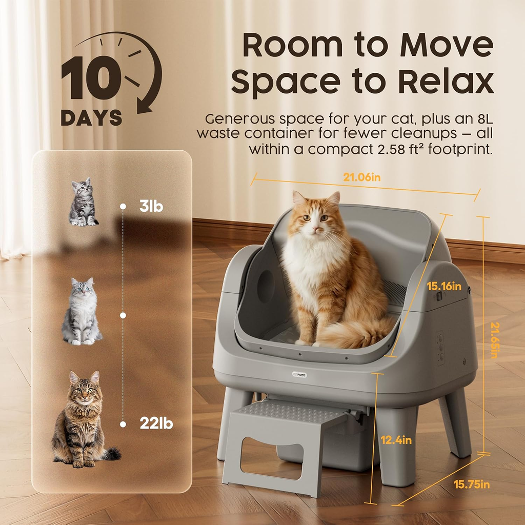 Open-Top Self-Cleaning Cat Litter Box with 7 Pairs of Safety Sensors, Anti-Pinch Protection, Easy Access Step for Senior Cats, Automatic Cat Litter Box, Dark Grey