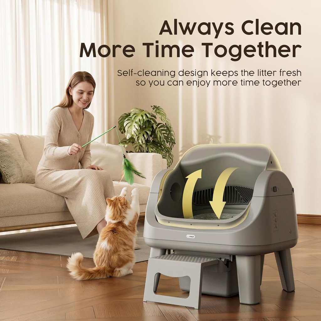 Open-Top Self-Cleaning Cat Litter Box with 7 Pairs of Safety Sensors, Anti-Pinch Protection, Easy Access Step for Senior Cats, Automatic Cat Litter Box, Dark Grey