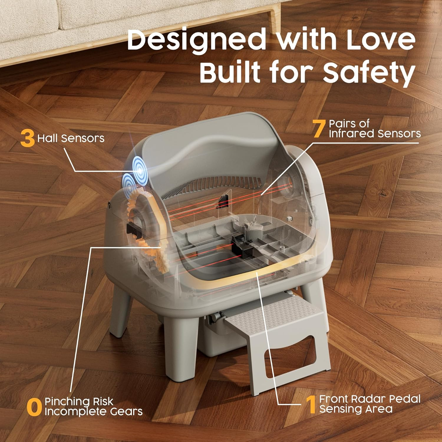 Open-Top Self-Cleaning Cat Litter Box with 7 Pairs of Safety Sensors, Anti-Pinch Protection, Easy Access Step for Senior Cats, Automatic Cat Litter Box, Dark Grey