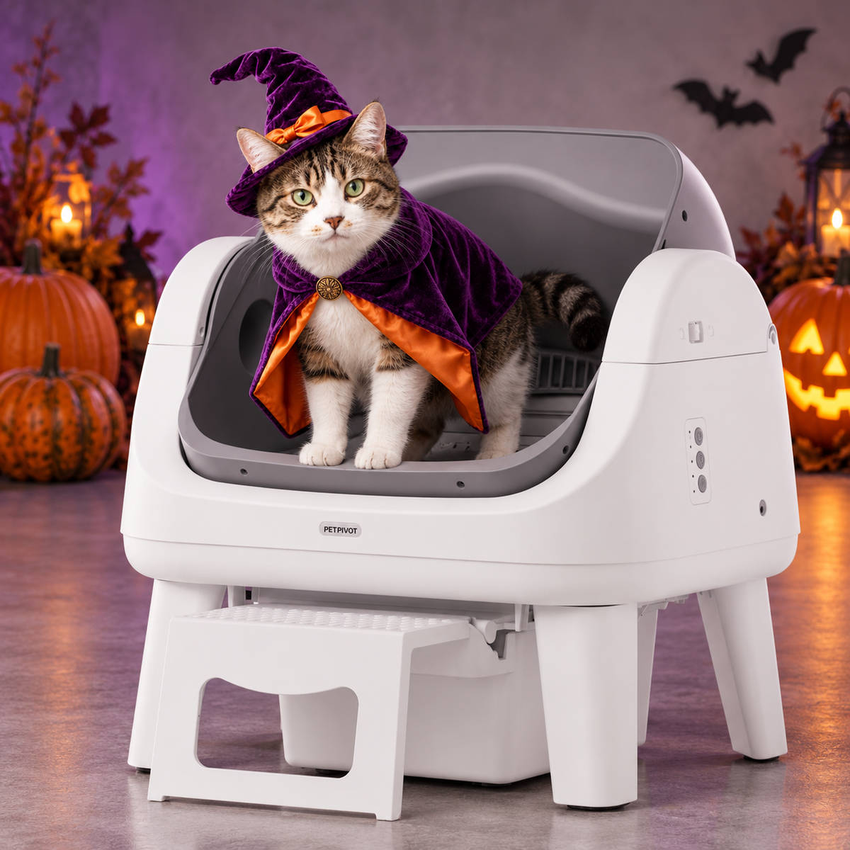 Open-Top Self-Cleaning Cat Litter Box with 7 Pairs of Safety Sensors, Anti-Pinch Protection, Easy Access Step for Senior Cats, Automatic Cat Litter Box, White & Grey