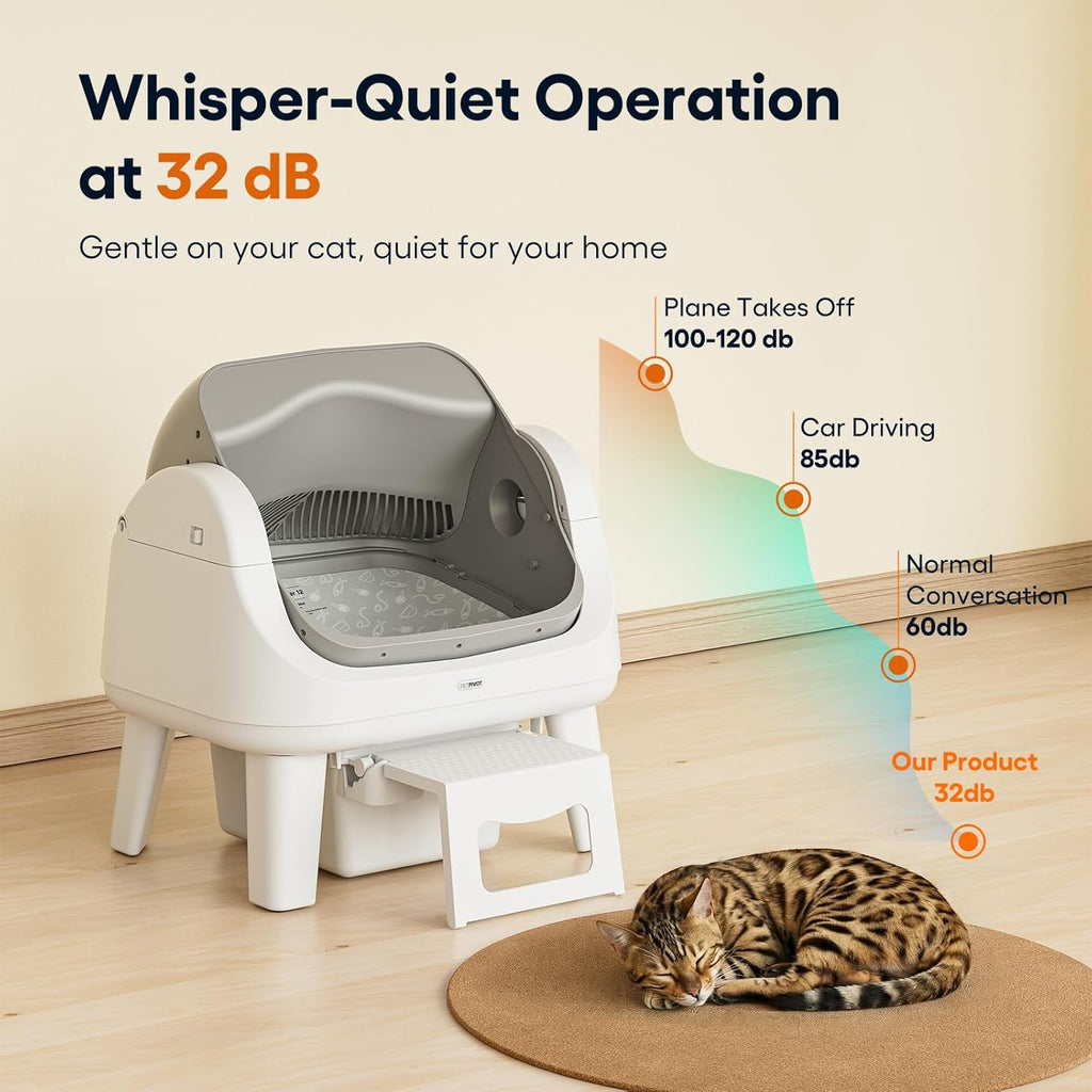 Open-Top Self-Cleaning Cat Litter Box with 7 Pairs of Safety Sensors, Anti-Pinch Protection, Easy Access Step for Senior Cats, Automatic Cat Litter Box, White & Grey