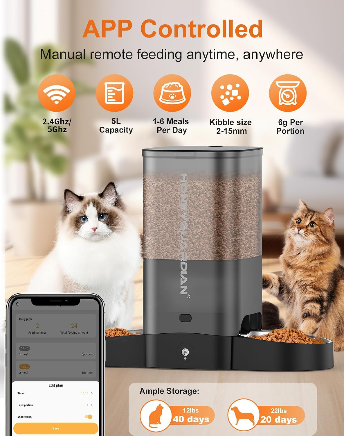 Automatic WiFi Cat Feeder for Two Cats, 5L Smart Food Dispenser with App Control, Dual Stainless Steel Bowls, 2.4GHz & 5GHz WiFi, Dual Power Supply, 10-Second Voice Recording & Desiccant for Fresh Fooی