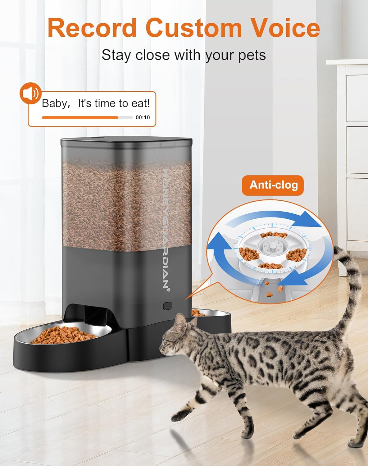 Automatic WiFi Cat Feeder for Two Cats, 5L Smart Food Dispenser with App Control, Dual Stainless Steel Bowls, 2.4GHz & 5GHz WiFi, Dual Power Supply, 10-Second Voice Recording & Desiccant for Fresh Fooی