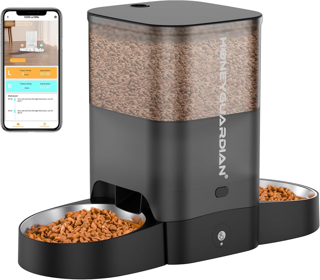 Automatic WiFi Cat Feeder for Two Cats, 5L Smart Food Dispenser with App Control, Dual Stainless Steel Bowls, 2.4GHz & 5GHz WiFi, Dual Power Supply, 10-Second Voice Recording & Desiccant for Fresh Fooی