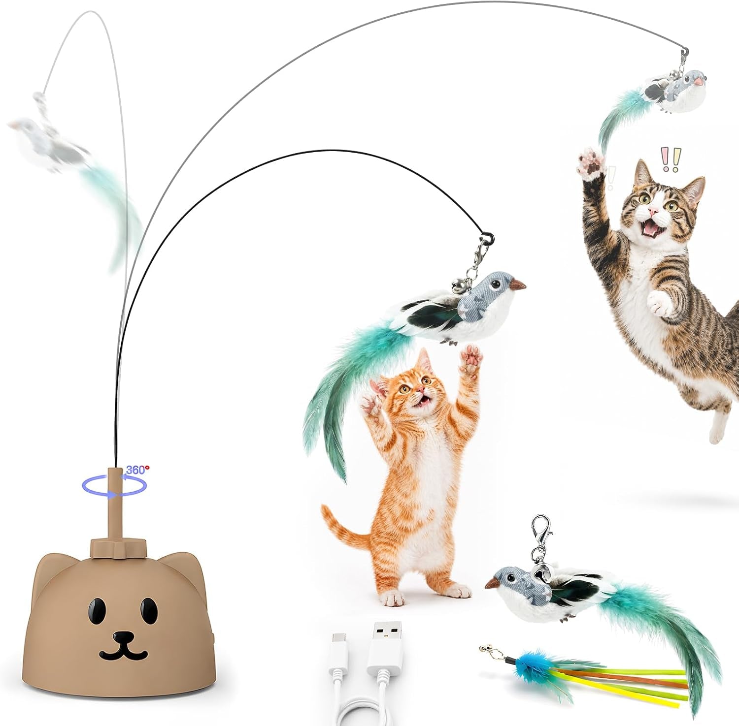 Interactive Automatic Flying Bird Cat Toy for Indoor Cats, Rechargeable Motion-Activated Cat Wand with 360° Spinning Feather, Strong Suction Cup Base & Smart Self-Play Design