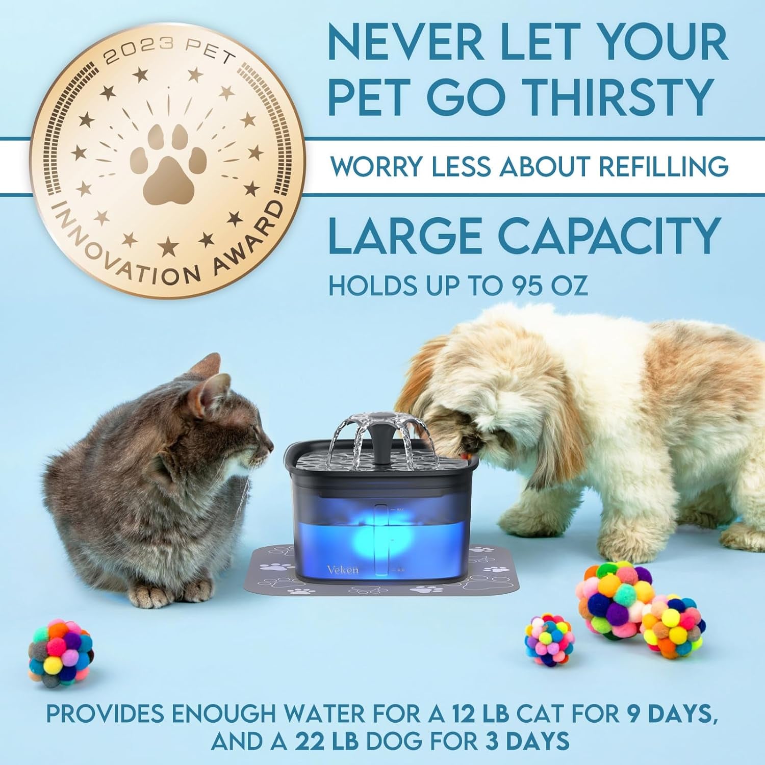 Innovation Award Winner Pet Fountain - 95oz/2.8L Automatic Cat Water Fountain and Dog Water Dispenser with Replacement Filters for Multiple Pets