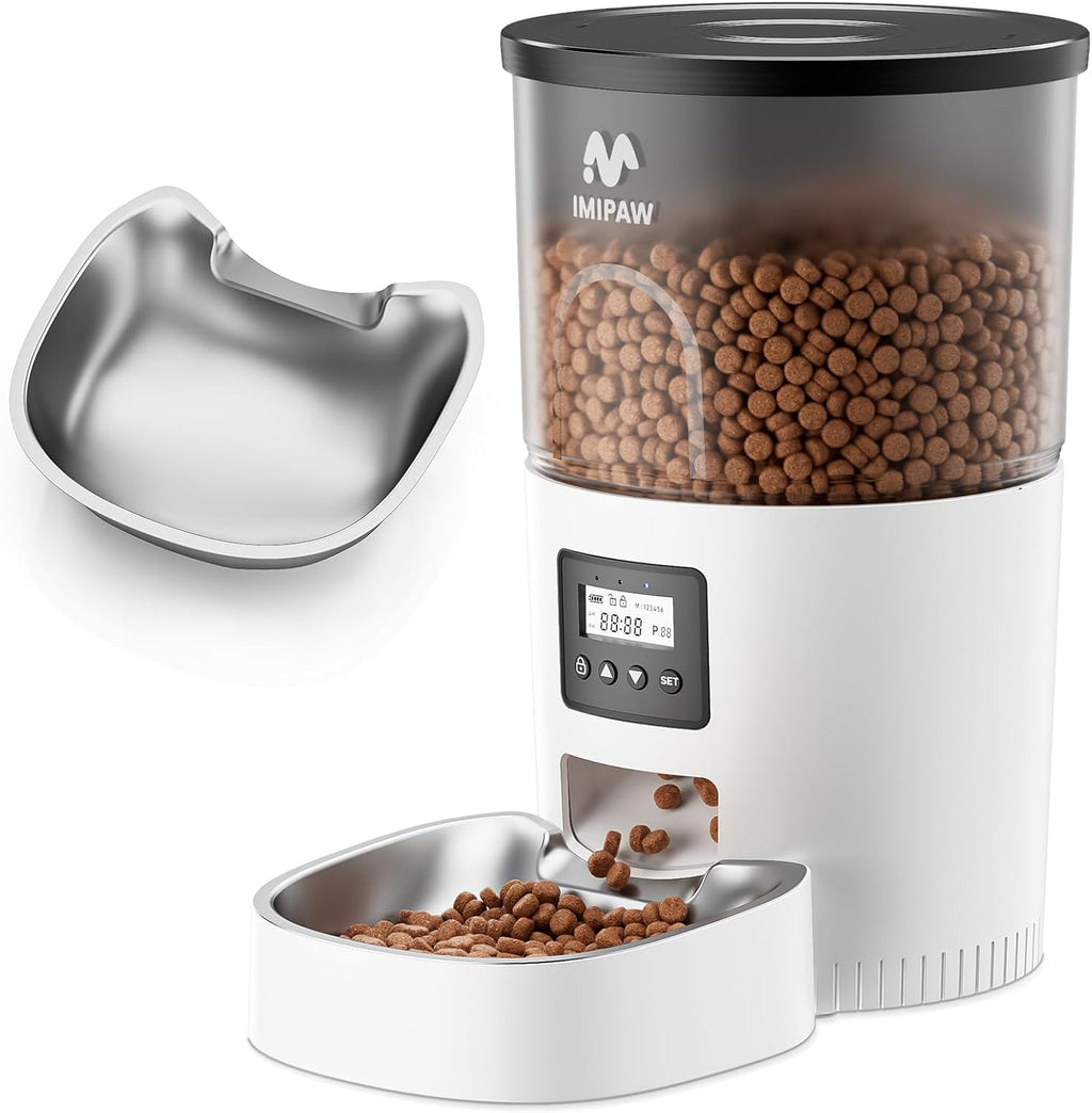 Automatic Cat Feeder for Cats & Small Dogs, Programmable Dry Food Dispenser with Adjustable Portions, Up to 6 Meals Daily, 20 Portion Settings, Dual Power Supply & Freshness Desiccant System, White
