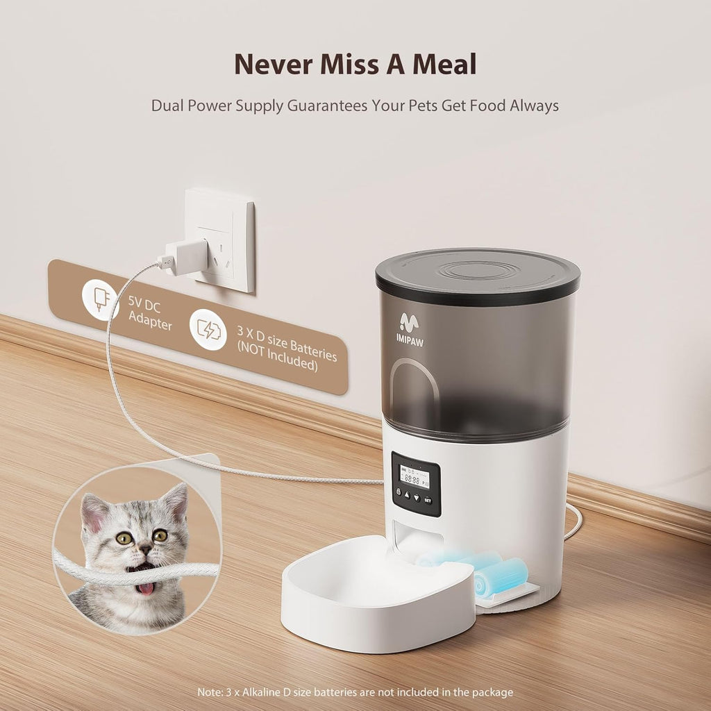 Automatic Cat Feeder for Cats & Small Dogs, Programmable Dry Food Dispenser with Adjustable Portions, Up to 6 Meals Daily, 20 Portion Settings, Dual Power Supply & Freshness Desiccant System, White