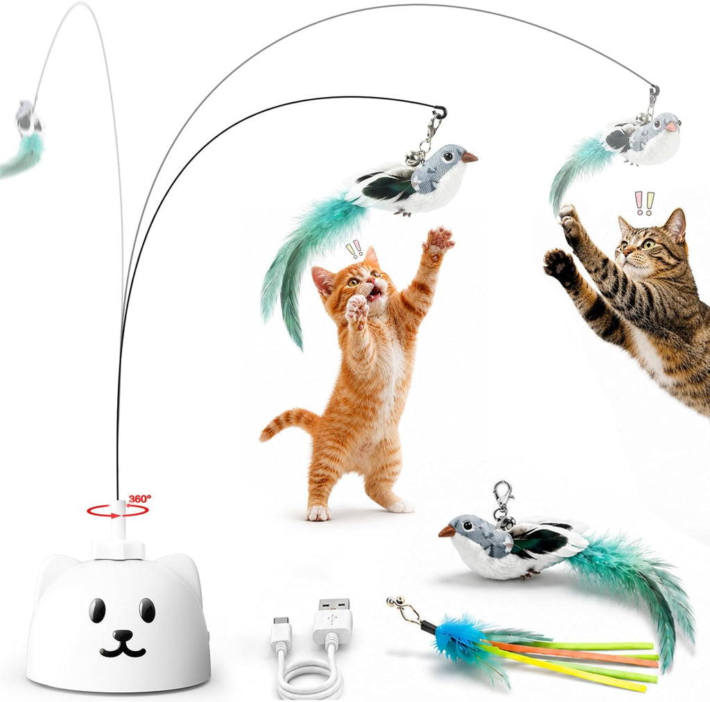 Interactive Automatic Flying Bird Cat Toy for Indoor Cats, Rechargeable Motion-Activated Cat Wand with 360° Spinning Feather, Strong Suction Cup Base & Smart Self-Play Design