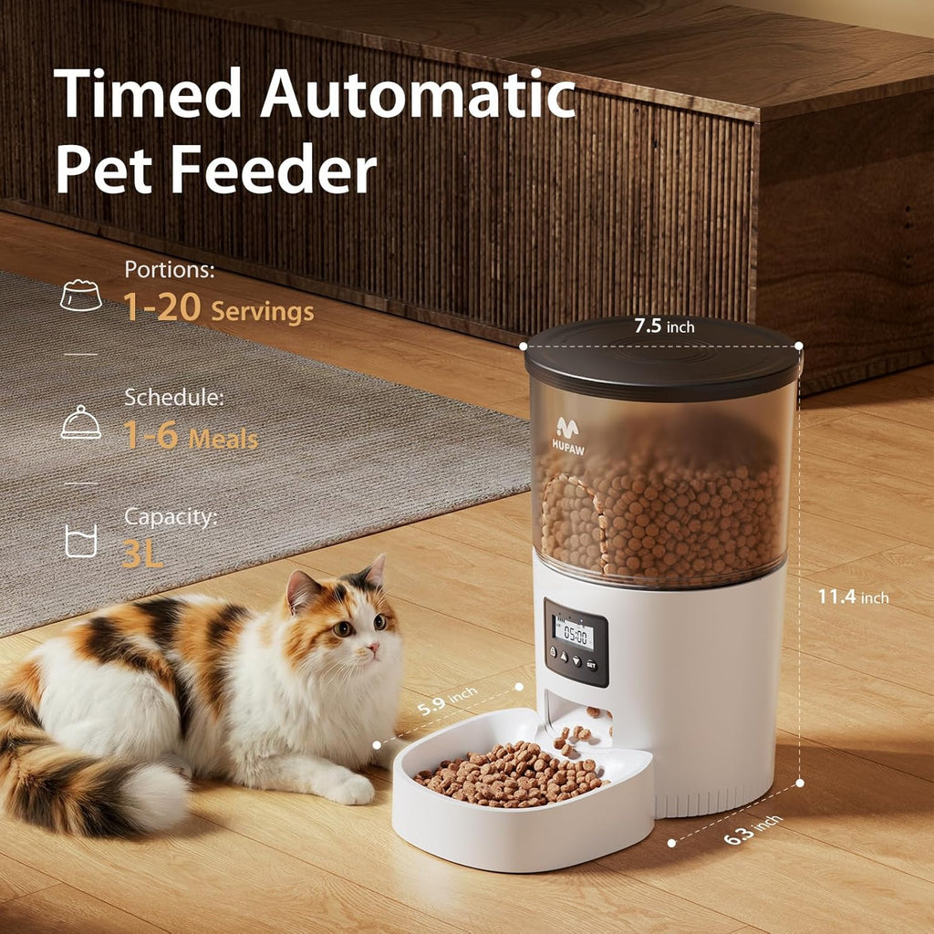 Automatic Cat Feeder for Cats & Small Dogs, Programmable Dry Food Dispenser with Adjustable Portions, Up to 6 Meals Daily, 20 Portion Settings, Dual Power Supply & Freshness Desiccant System, White