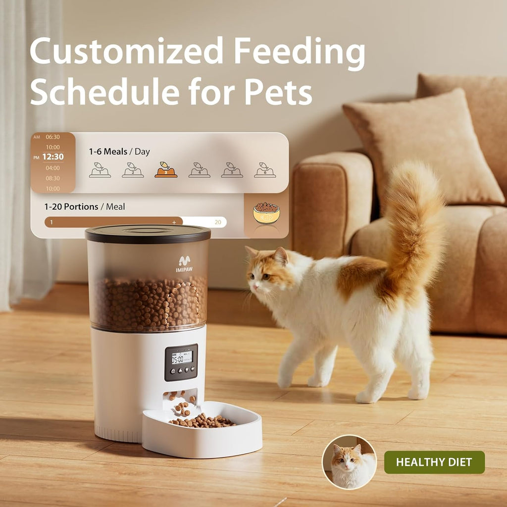 Automatic Cat Feeder for Cats & Small Dogs, Programmable Dry Food Dispenser with Adjustable Portions, Up to 6 Meals Daily, 20 Portion Settings, Dual Power Supply & Freshness Desiccant System, White