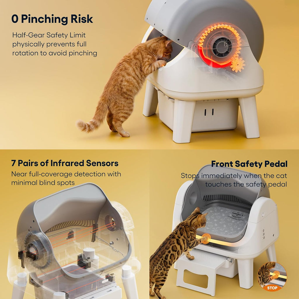 Open-Top Self-Cleaning Cat Litter Box with 7 Pairs of Safety Sensors, Anti-Pinch Protection, Easy Access Step for Senior Cats, Automatic Cat Litter Box, White & Grey