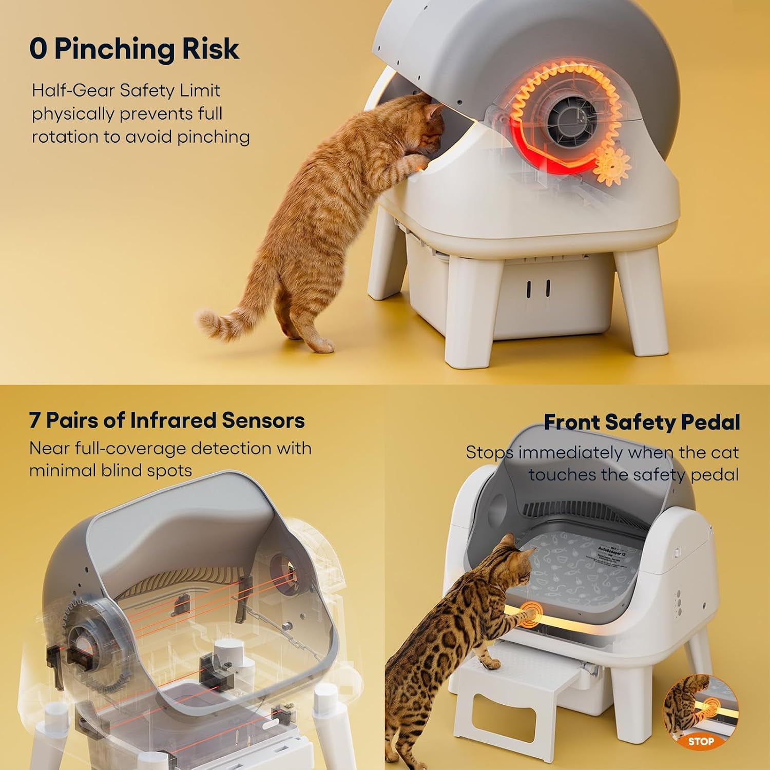 Open-Top Self-Cleaning Cat Litter Box with 7 Pairs of Safety Sensors, Anti-Pinch Protection, Easy Access Step for Senior Cats, Automatic Cat Litter Box, White & Grey
